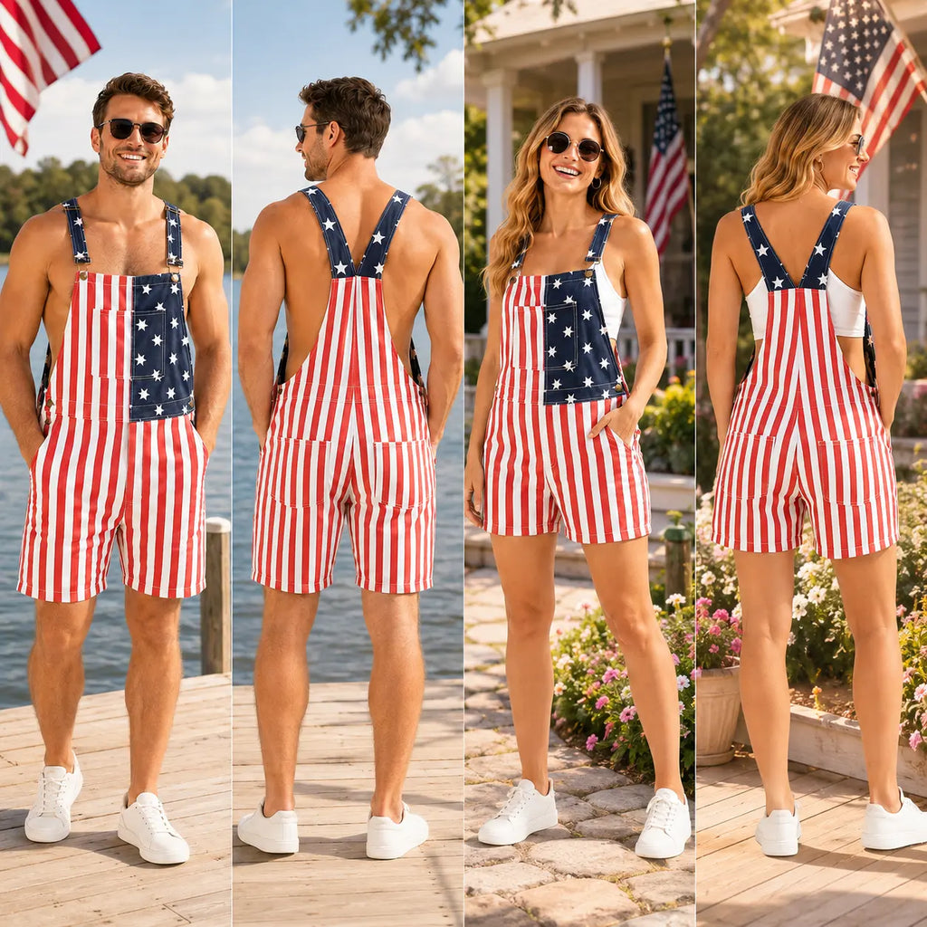 Unisex American Flag Short Overalls, 4th of July Patriotic Denim Romper, Summer Independence Day Party Outfit