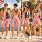 Unisex American Flag Short Overalls, 4th of July Patriotic Denim Romper, Summer Independence Day Party Outfit