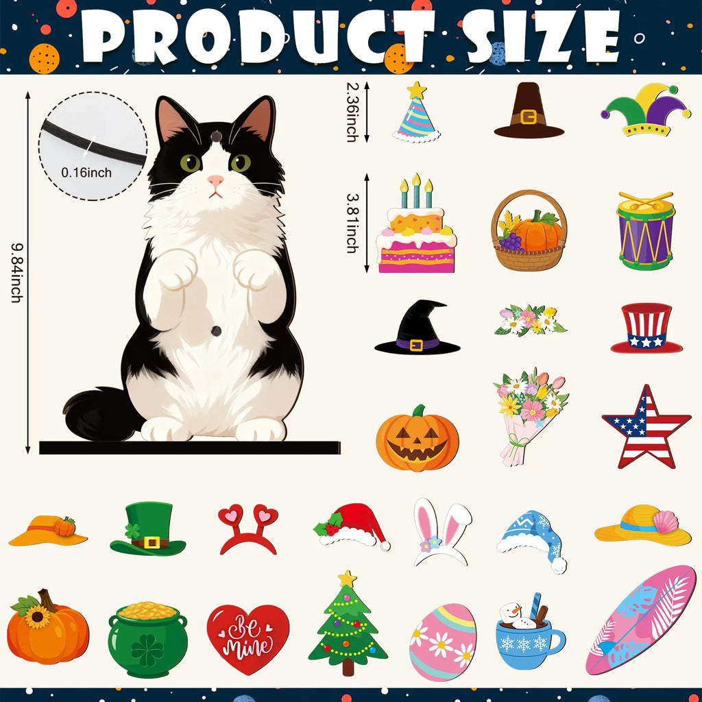 Interchangeable Cat Wooden Desk Decor with Magnetic Seasonal Hats – Cute Holiday Gift for Cat Lovers
