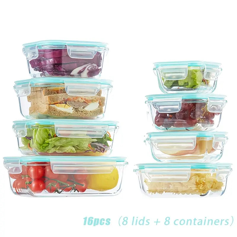 16-Piece Glass Food Storage Containers Set – Airtight Meal Prep & Kitchen Preservation Lids
