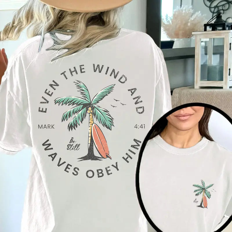 "Beachy Christian" Backprint T-Shirt | Trendy Coconut Tree Bible Verse Tee