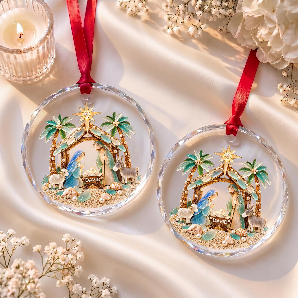 Our Savior Is Born, Personalized Circle Glass Ornament, Gift For Family - 8