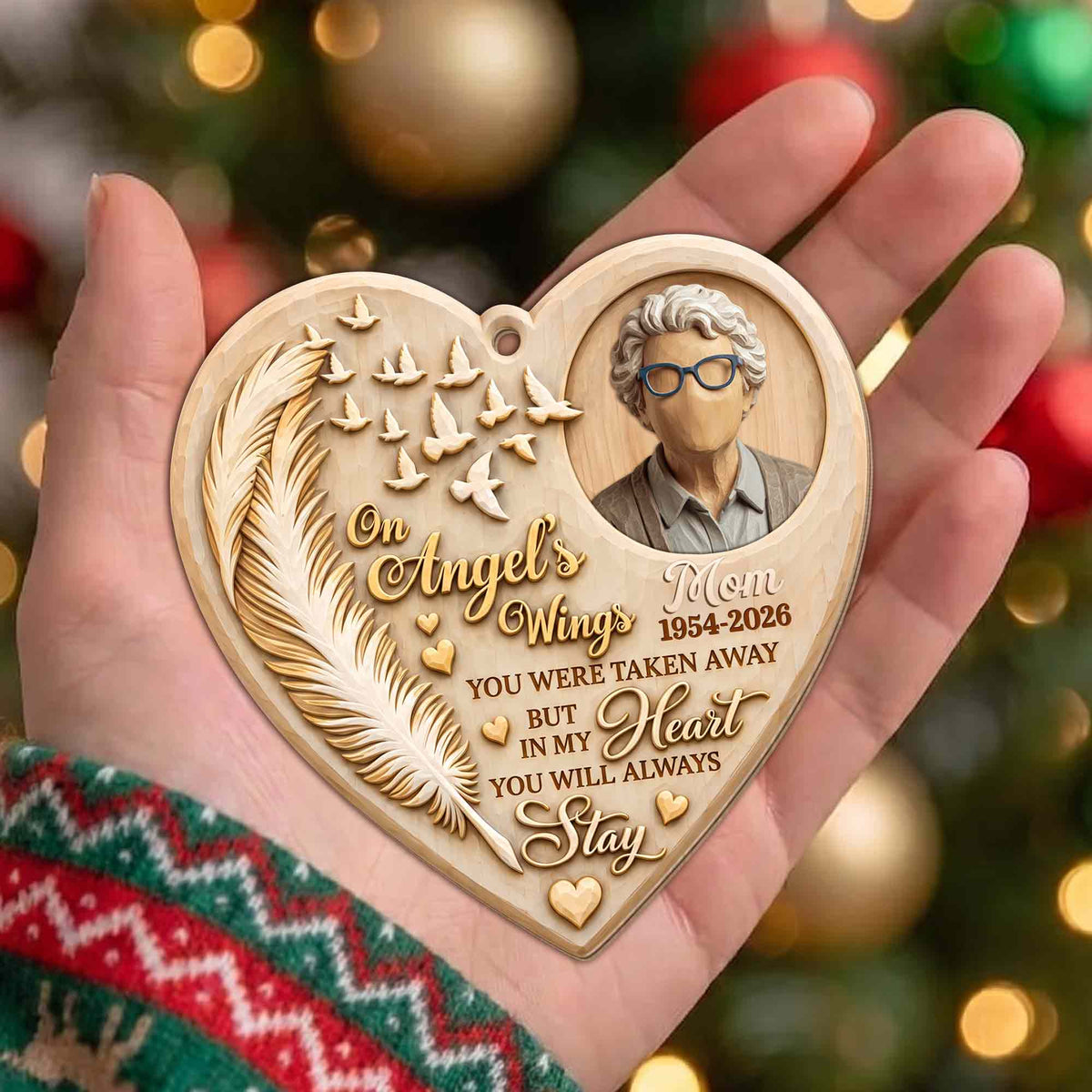 On Angel's Wings, Personalized Custom Wood Ornament, Memorial Gift - 8