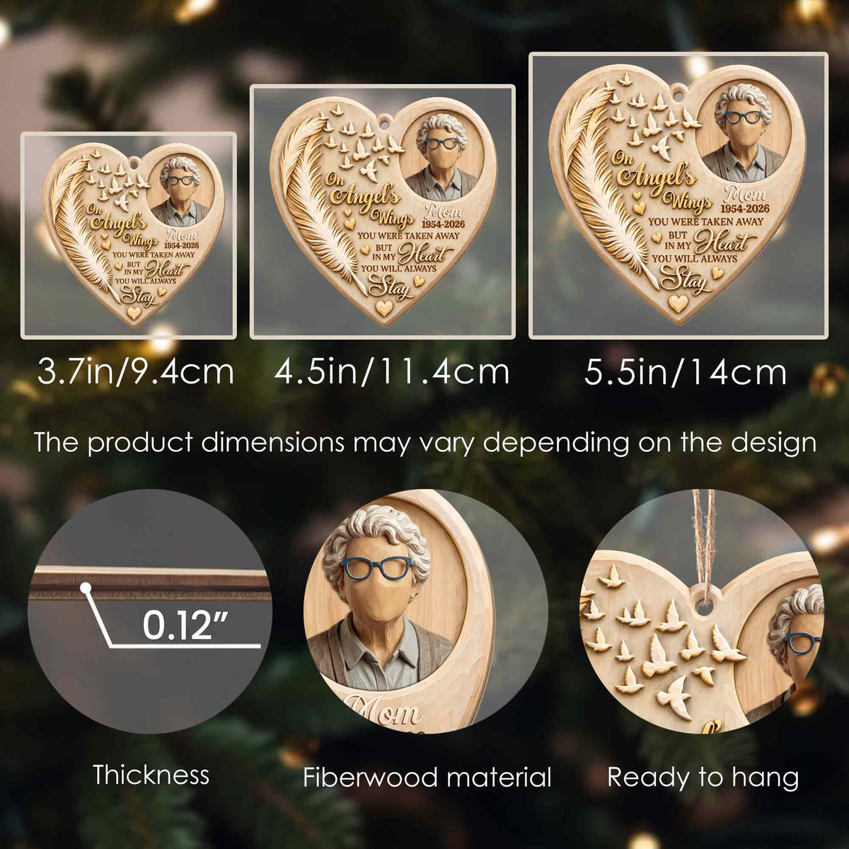 On Angel's Wings, Personalized Custom Wood Ornament, Memorial Gift - 12