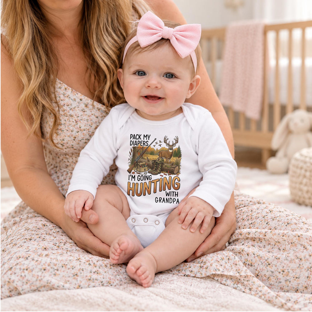 Pack My Diapers Hunting With Grandpa, Personalized Long Sleeve Baby Onesie - 6