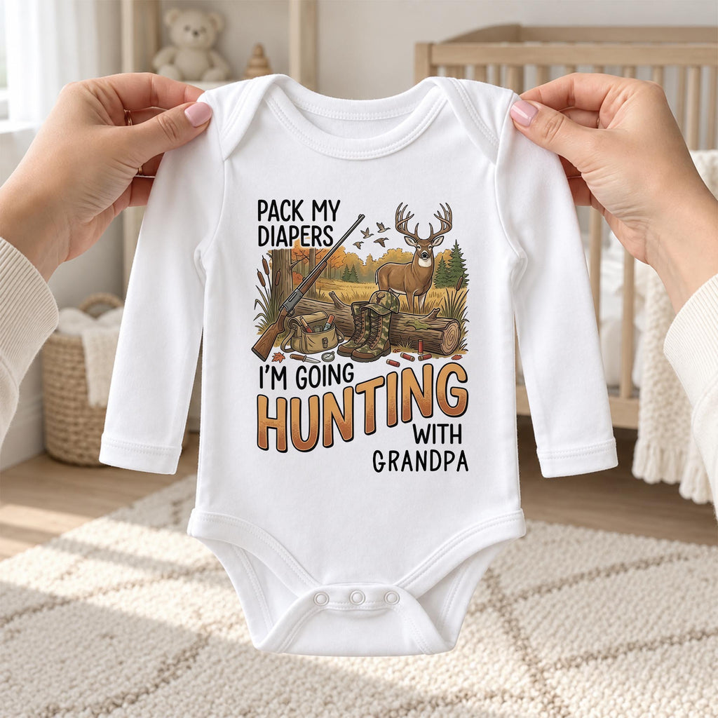 Pack My Diapers Hunting With Grandpa, Personalized Long Sleeve Baby Onesie - 9