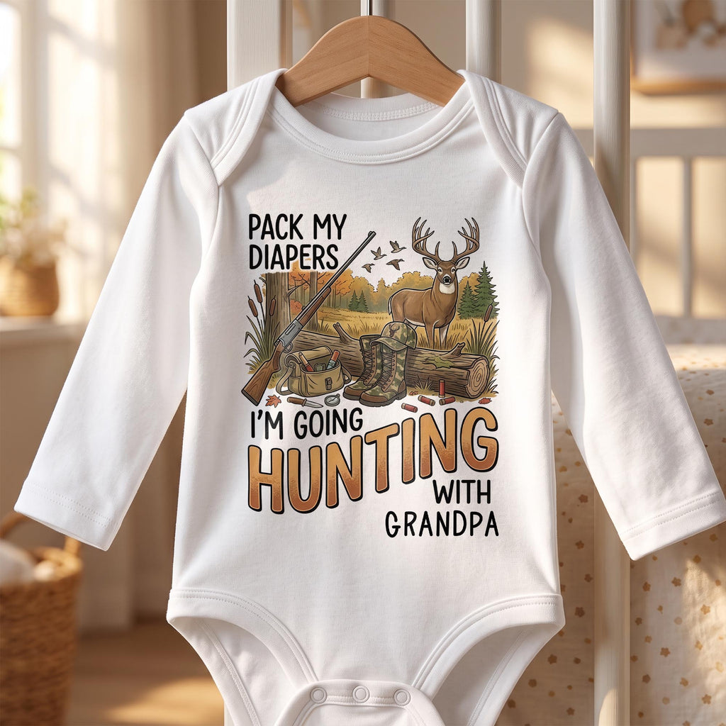 Pack My Diapers Hunting With Grandpa, Personalized Long Sleeve Baby Onesie - 11