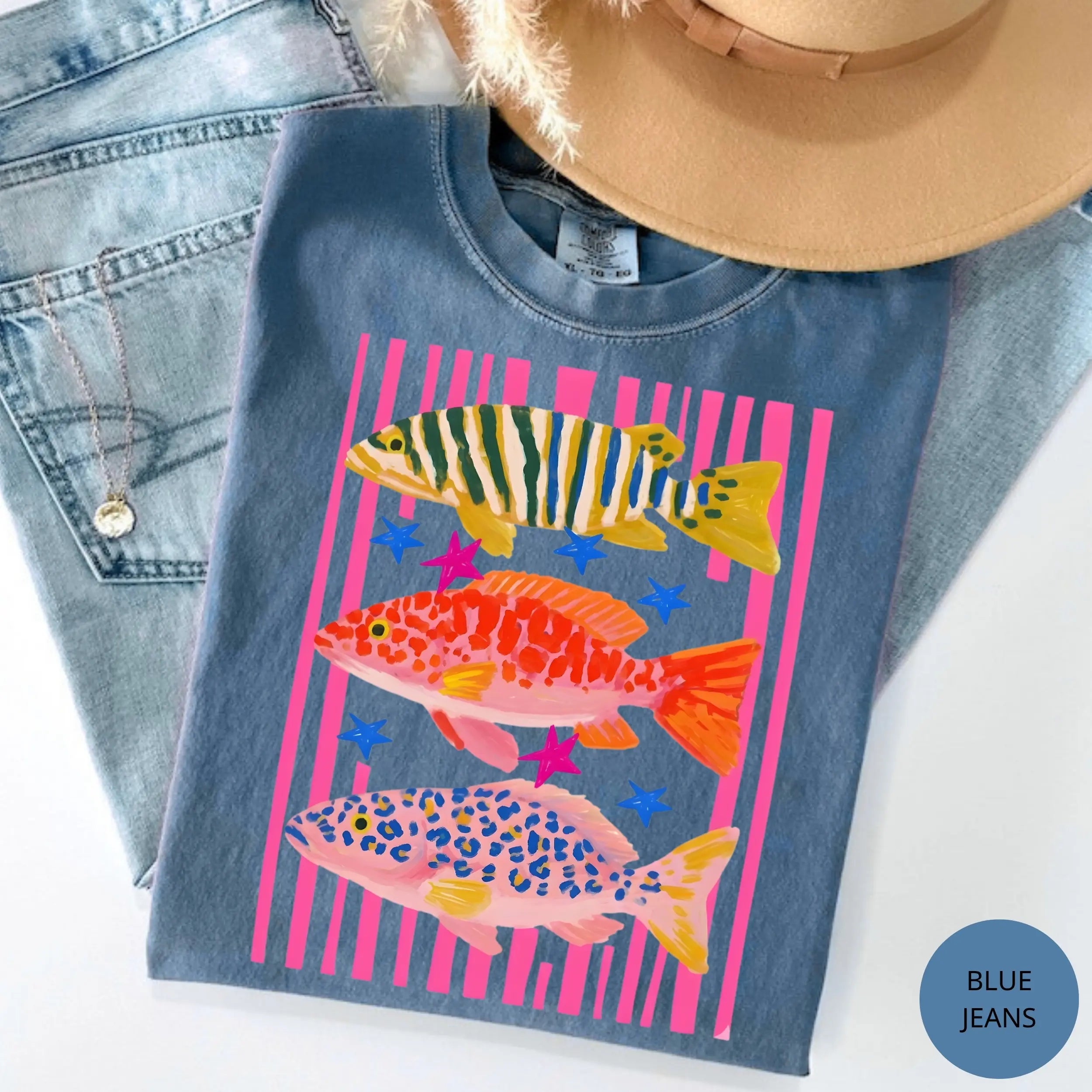 Comfort Colors Preppy Fish Tee - Colorful Maximalist Sublimation Beach Shirt for Girls & Women