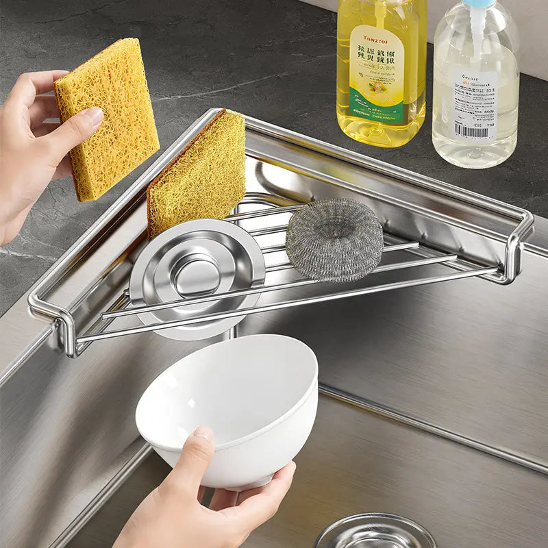 Stainless Steel Triangular Corner Sink Organizer – Open Wire Drainage Rack with Raised Edges