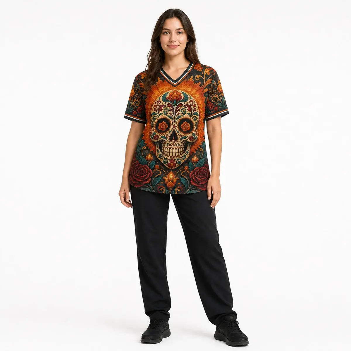 Ember Marigold Altar Calavera All-Over Print Mesh V-Neck Jersey Sports Shirt