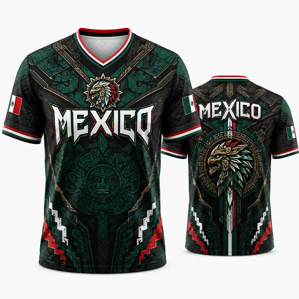 2026 Mexico Eagle Warrior V-Neck Soccer Jersey, Aztec Calendar Graphic Short Sleeve Fan Tee