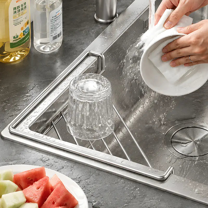 Stainless Steel Triangular Corner Sink Organizer – Open Wire Drainage Rack with Raised Edges