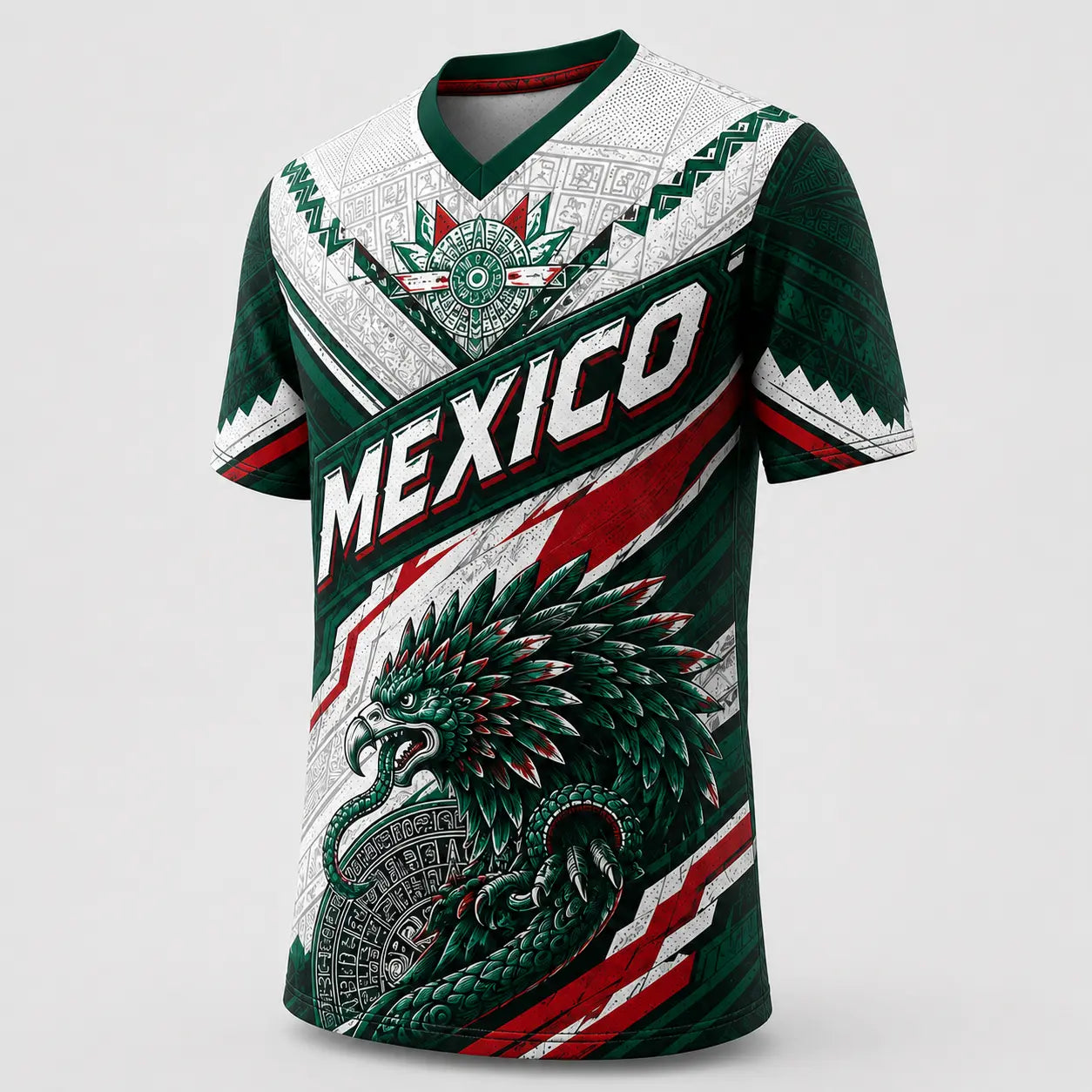 Men's Mexico V-Neck Soccer Jersey – Breathable Mesh Aztec Eagle Graphic Top