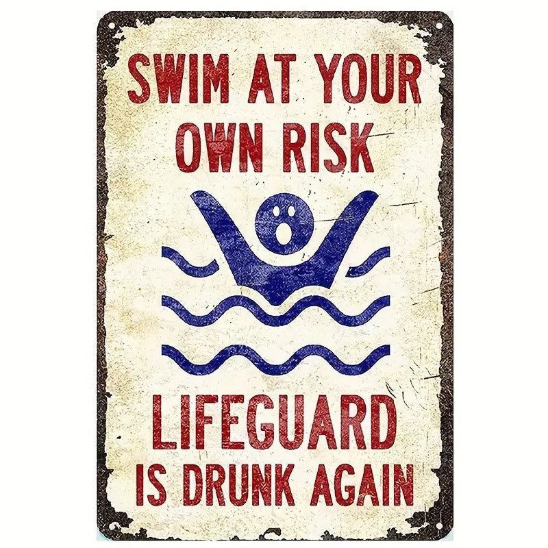 Vintage "Swim at Your Own Risk" Wooden Sign – Humorous Pool Safety Decor