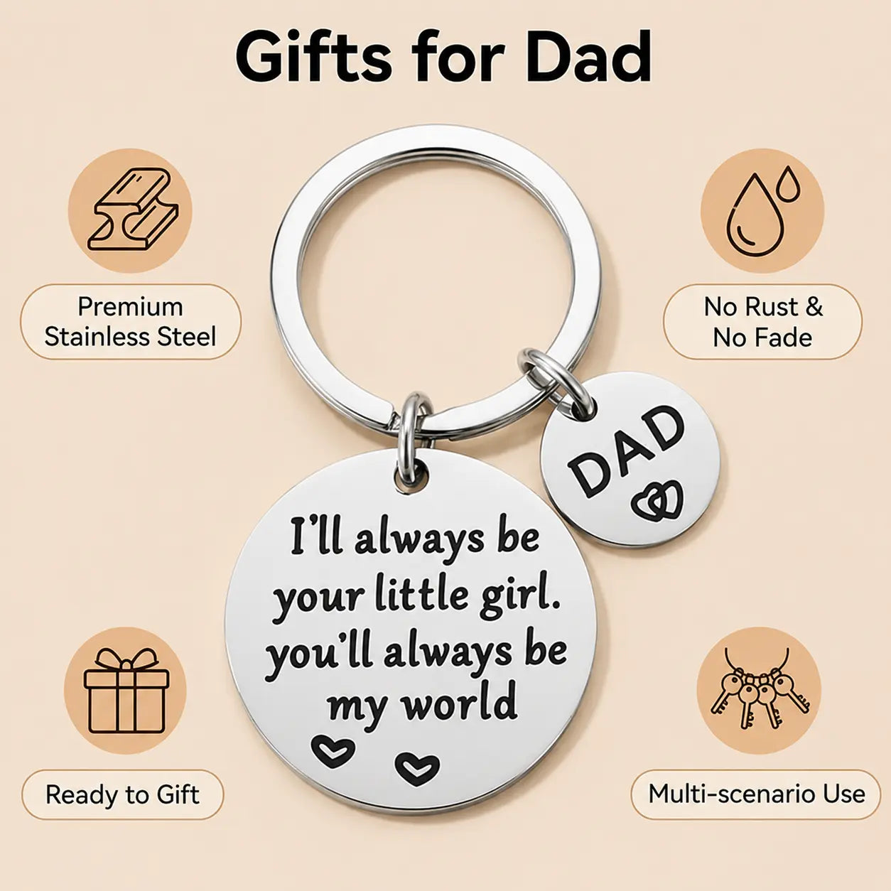 'Hero Dad' Engraved Stainless Steel Keychain - Personalized Father's Day & Birthday Gift from Kids