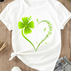 Crew Neck T-Shirt Four Leaf Clover Heart Design St Patrick's Day Celebration