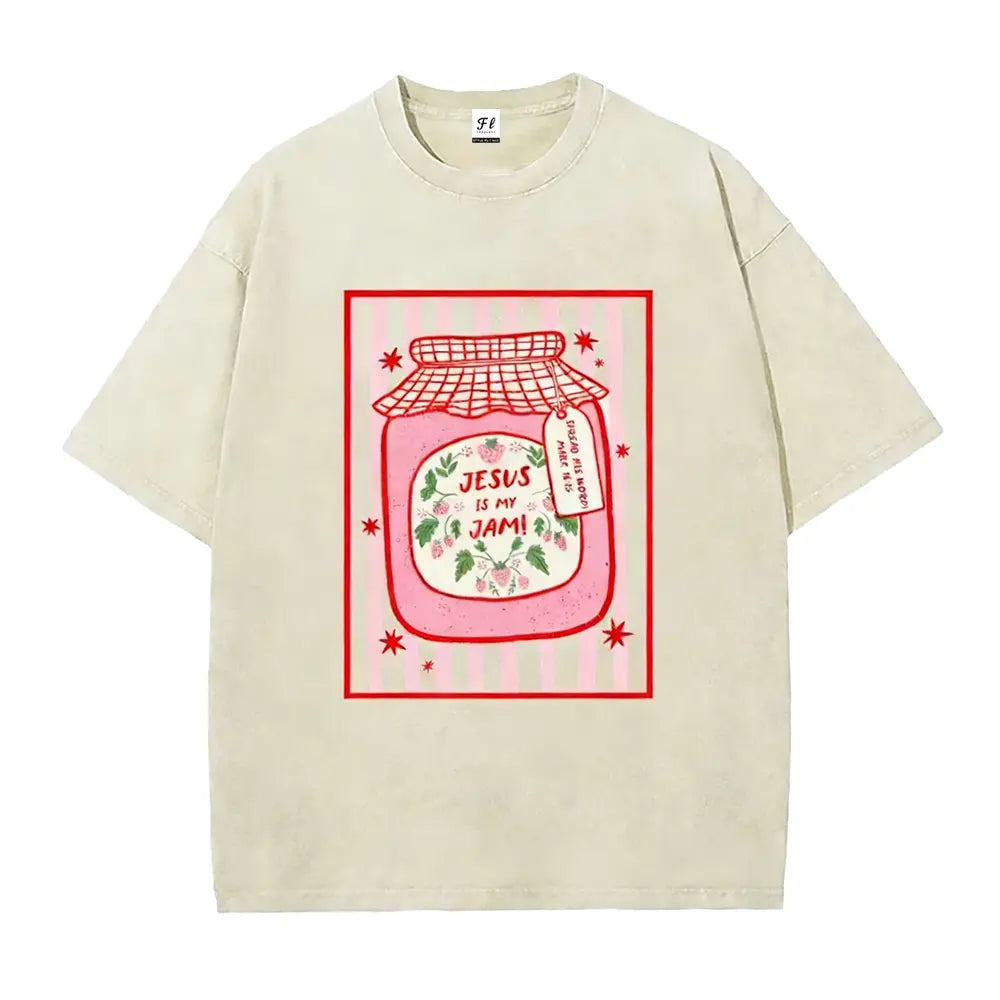 "Jesus Is My Jam" Strawberry Graphic Tee | Pink Washed Vintage Christian Shirt