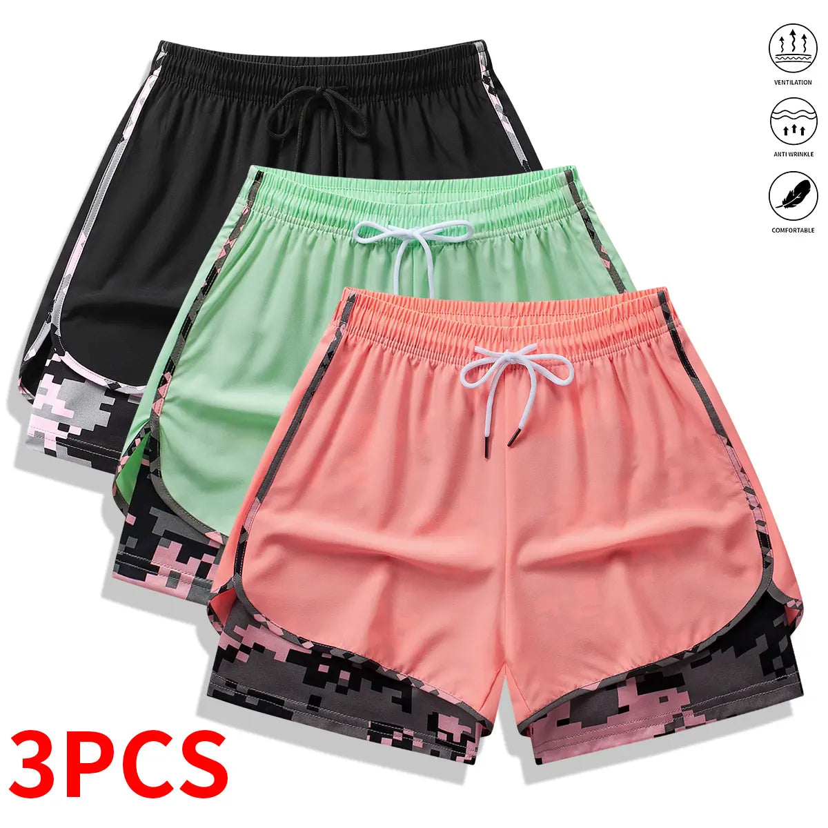 3-Pack Women’s Athletic Shorts with Liner – Drawstring Elastic Waistband Running Shorts