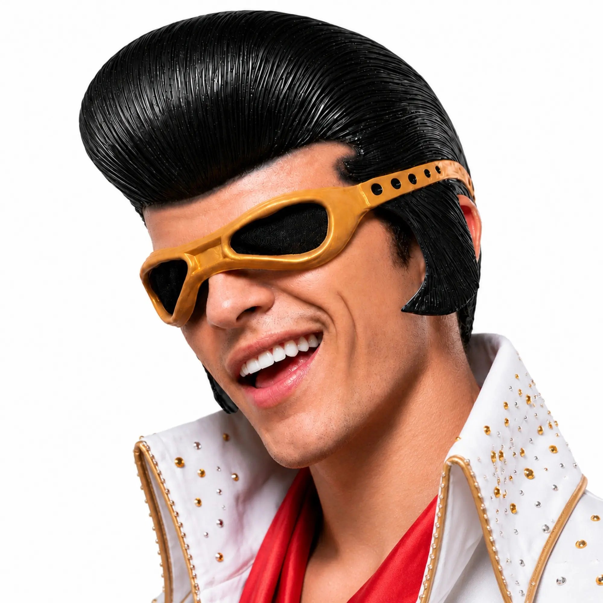 Retro rockstar pompadour half-face mask with gold goggles
