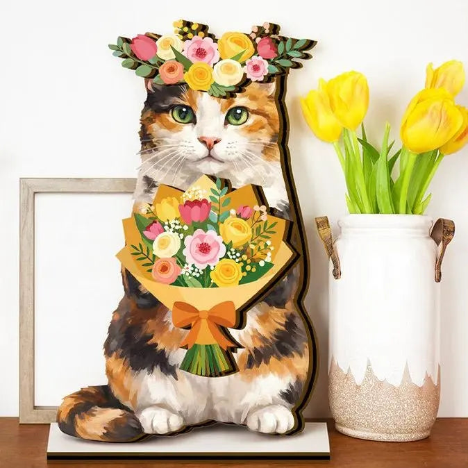 Interchangeable Cat Wooden Desk Decor with Magnetic Seasonal Hats – Cute Holiday Gift for Cat Lovers