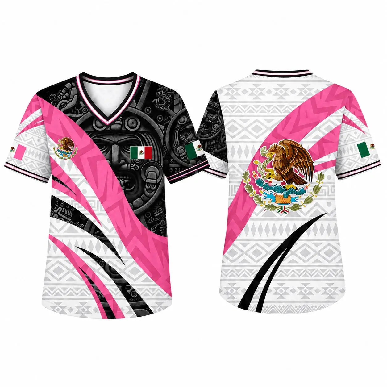 Mexico Flag Eagle V-Neck Jersey – Aztec Pattern Patriotic Soccer Style Shirt