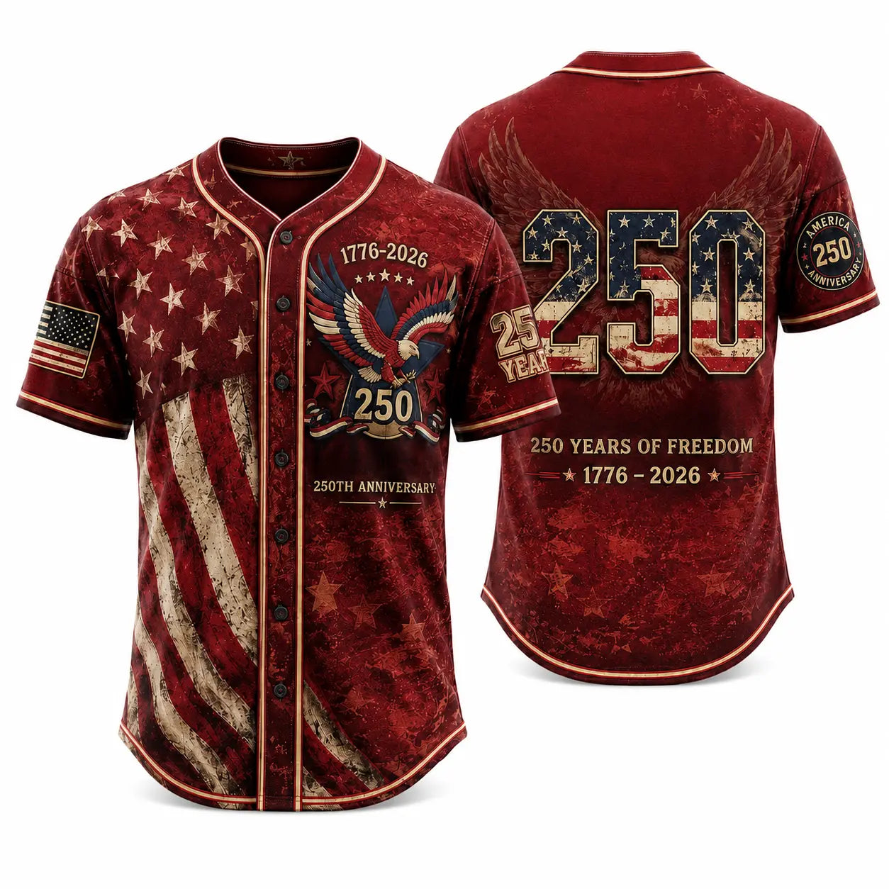 Men's USA 250th Anniversary Baseball Jersey – Vintage Patriotic 1776-2026 Eagle Button Down Shirt