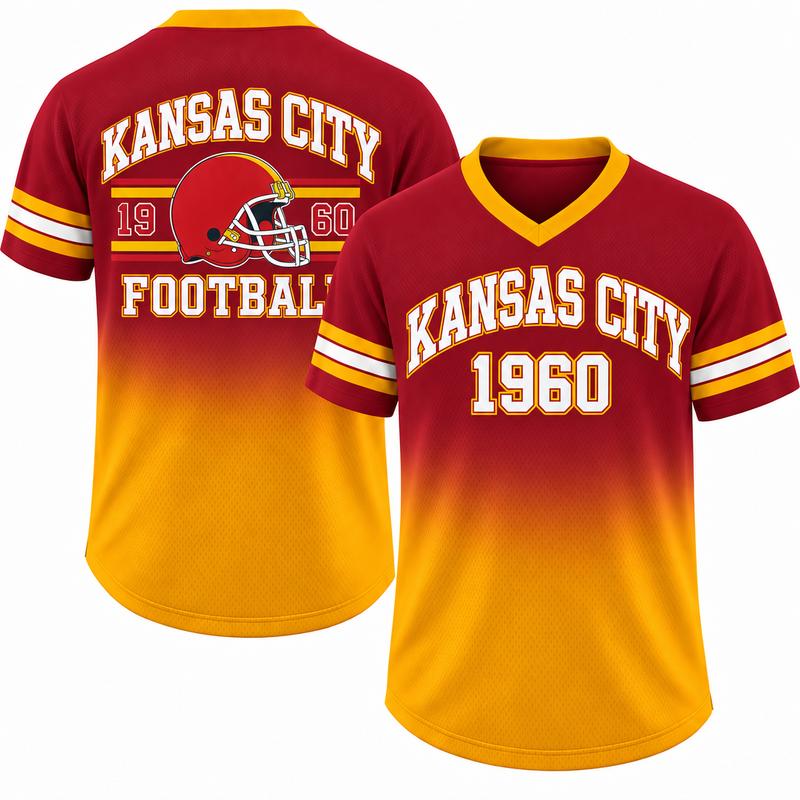 Game Day Gradient V-Neck Jersey – City Helmet Print Short-Sleeve Mesh Fan Shirt