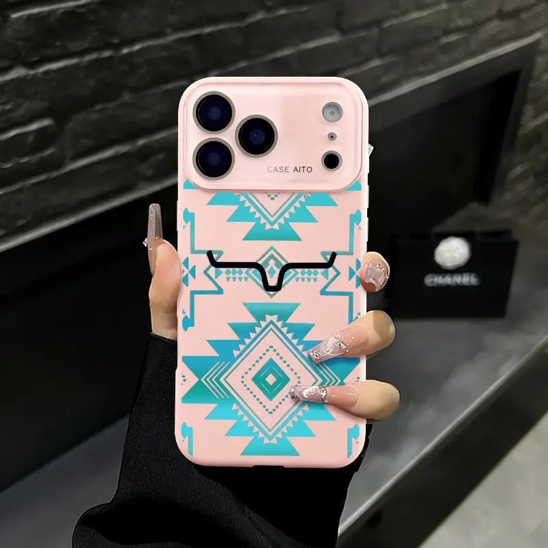 Aesthetic Western Aztec Turquoise Bull Head Phone Case for iPhone 17 Pro Max – Southwestern Tribal Shockproof Protective Cover