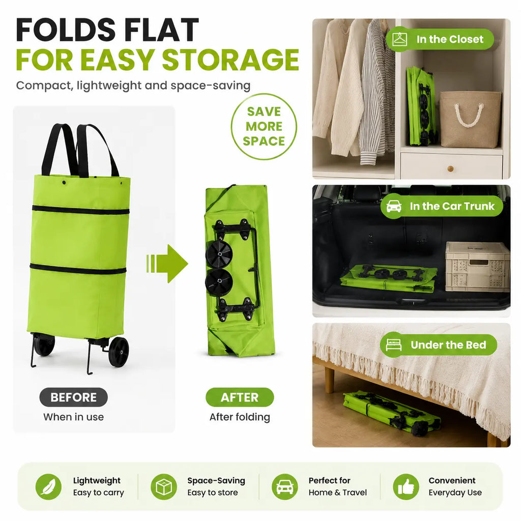 2-in-1 Foldable Rolling Shopping Tote Bag – Large Capacity Grocery Cart with Wheels