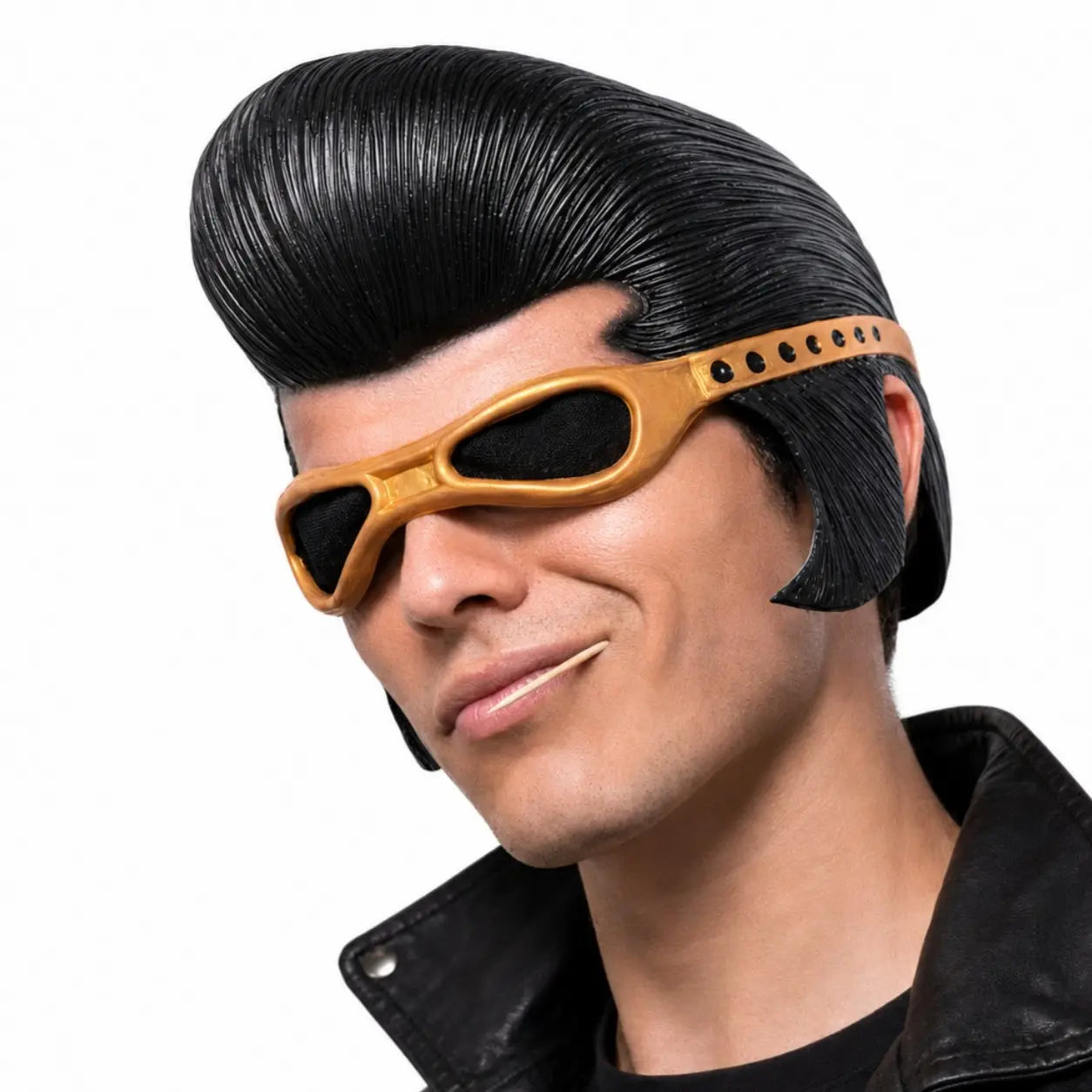 Retro rockstar pompadour mask styled with black leather jacket