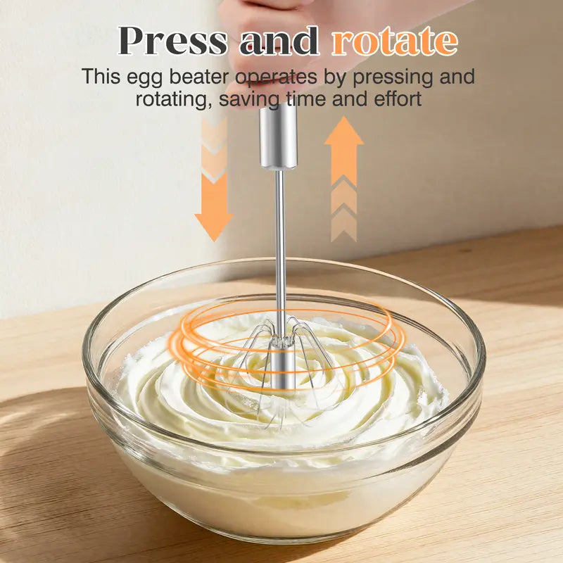 Semi-Automatic Stainless Steel Rotary Whisk – Hand-Push Food-Grade Egg Beater