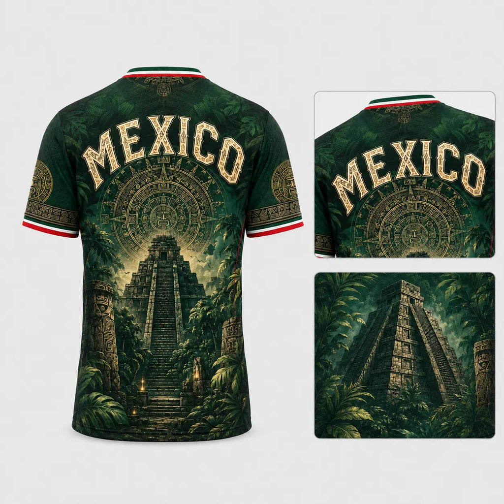 2026 Mexico Dark Green V-Neck Soccer Jersey – Aztec Calendar & Ancient Temple Graphic Tee