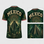 2026 Mexico Dark Green V-Neck Soccer Jersey – Aztec Calendar & Ancient Temple Graphic Tee