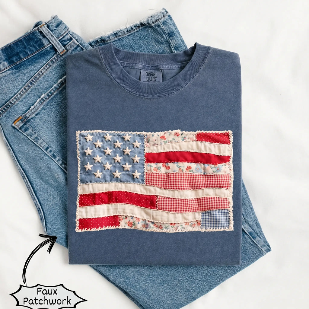 (FAUX PATCHWORK-PRINT) Comfort Colors Retro American Flag Patriotic Shirt - HARSIN 4th of July Graphic Tee