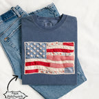 (FAUX PATCHWORK-PRINT) Comfort Colors Retro American Flag Patriotic Shirt - HARSIN 4th of July Graphic Tee