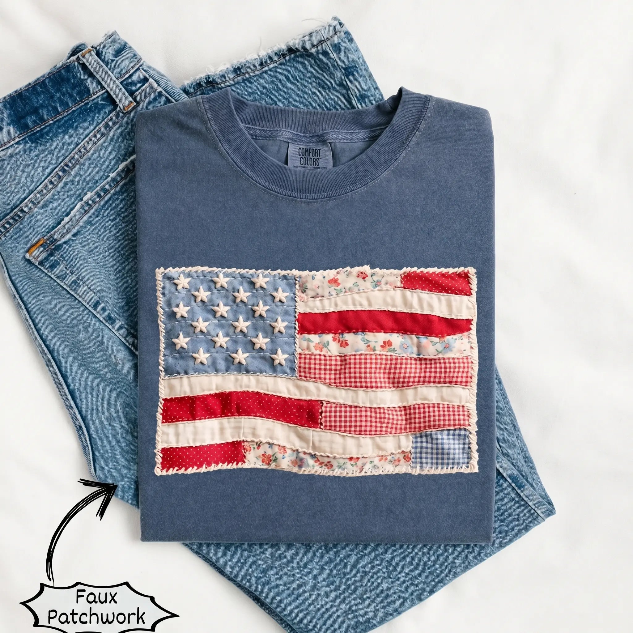 (FAUX PATCHWORK-PRINT) Comfort Colors Retro American Flag Patriotic Shirt - HARSIN 4th of July Graphic Tee