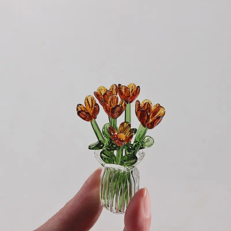Handcrafted Mini Glass Artificial Flower Set – 10Faux Flowers with Vase Decorative Bouquet