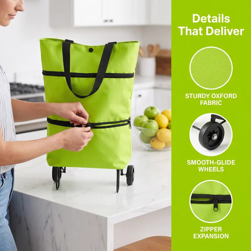 2-in-1 Foldable Rolling Shopping Tote Bag – Large Capacity Grocery Cart with Wheels