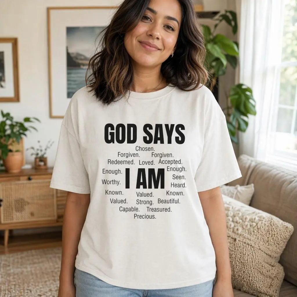 Christian Women's Graphic Tee – God Says I Am Inspirational Faith Soft Top