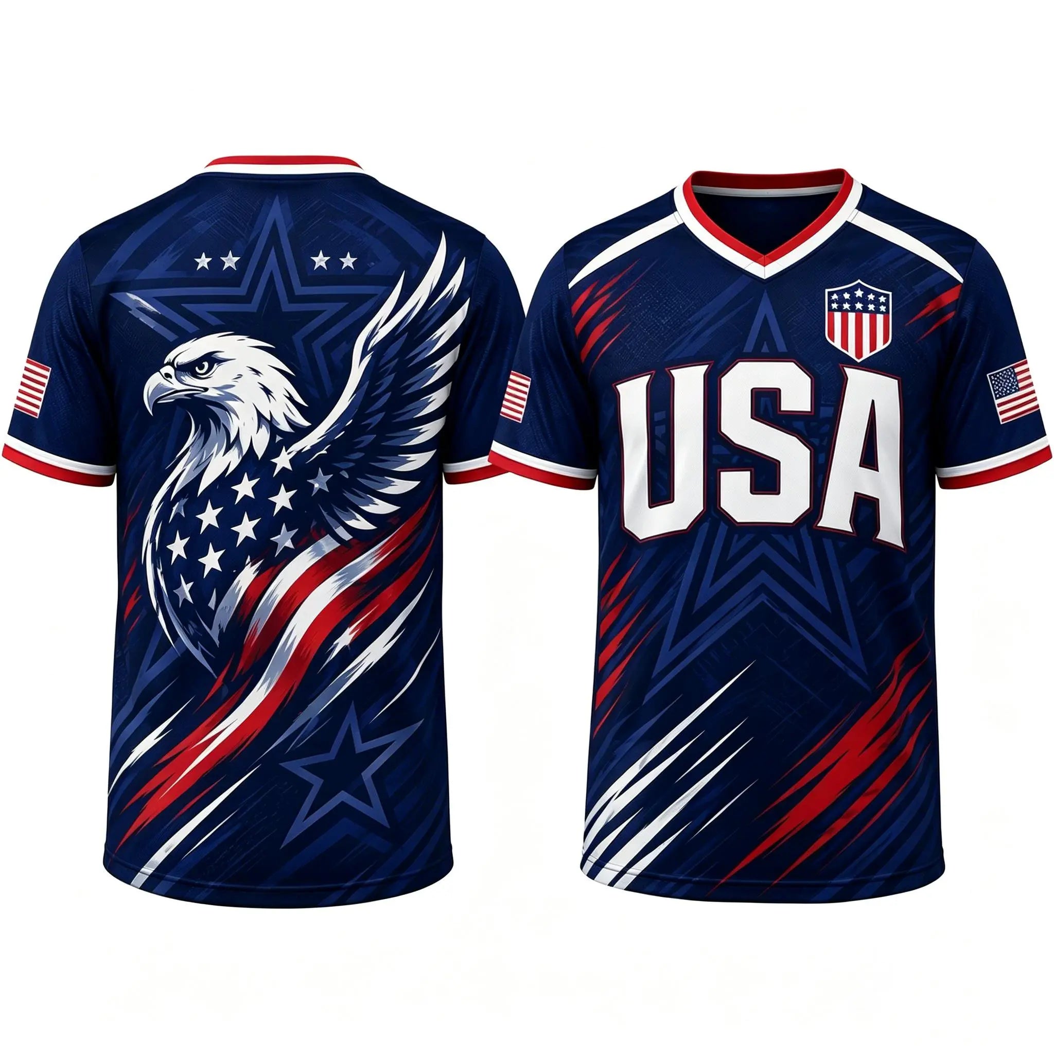 USA Patriotic Wolf Graphic V-Neck Sports Jersey – Lightweight Quick-Dry Athletic Top