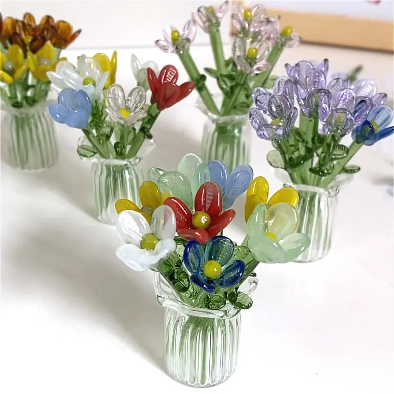 Handcrafted Mini Glass Artificial Flower Set – 10Faux Flowers with Vase Decorative Bouquet