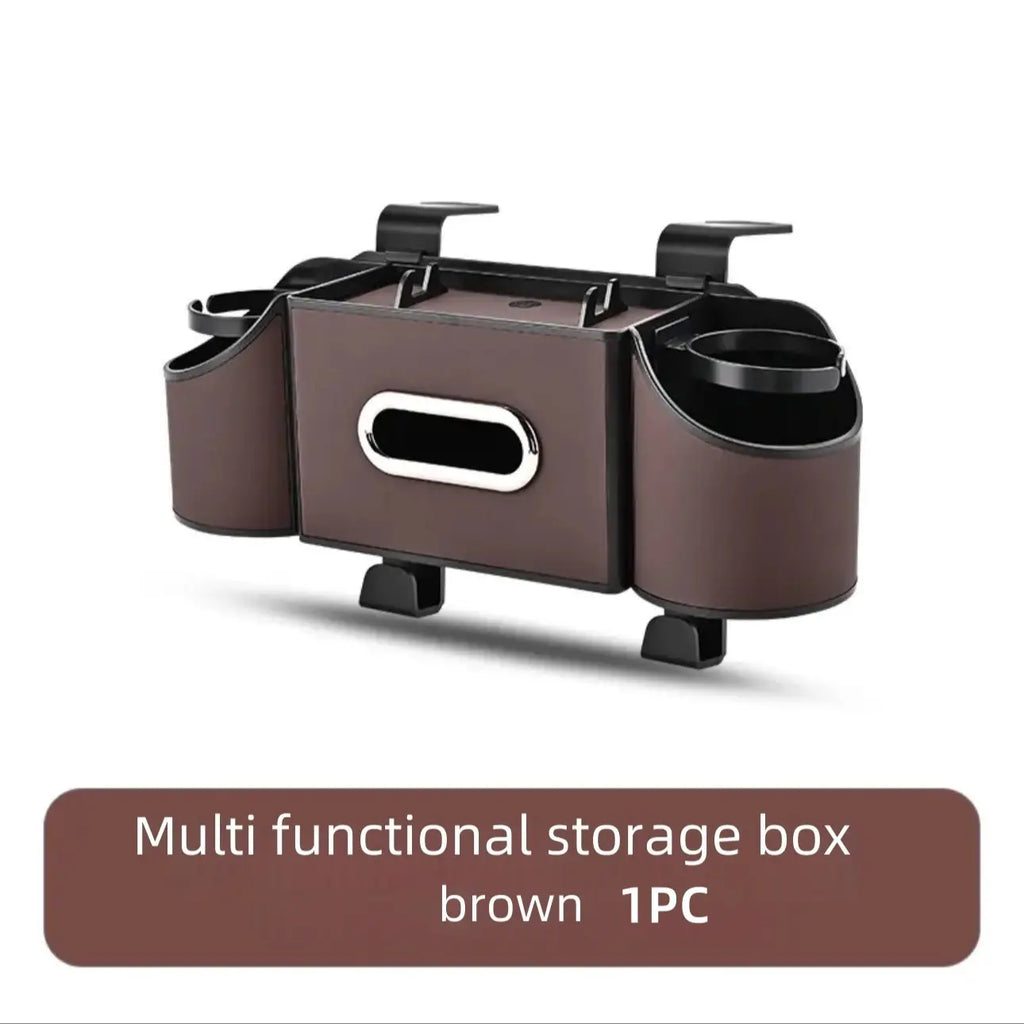 Multifunctional Car Seat Back Organizer: Storage Box with Tissue Holder, Dual Cup Holders & Bag Hooks