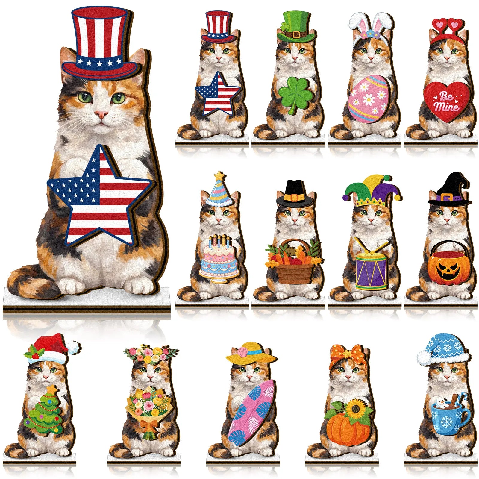 Interchangeable Cat Wooden Desk Decor with Magnetic Seasonal Hats – Cute Holiday Gift for Cat Lovers