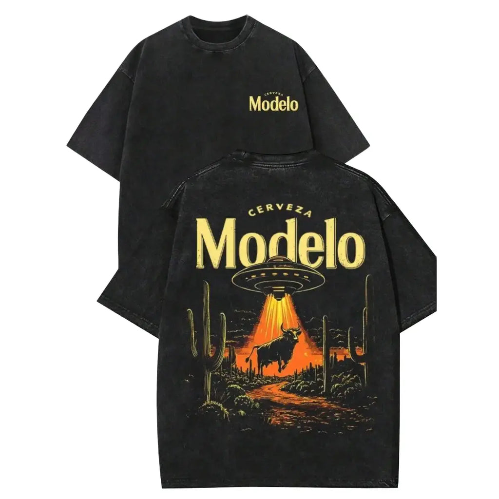 'Cerveza Modelo' Retro UFO & Bull Desert Graphic T-Shirt - Vintage Distressed Streetwear