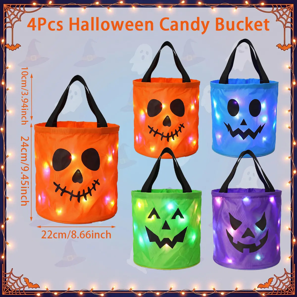 3/4 Pcs Halloween LED Candy Bucket – Reusable Non-Woven Trick or Treat Tote Bags