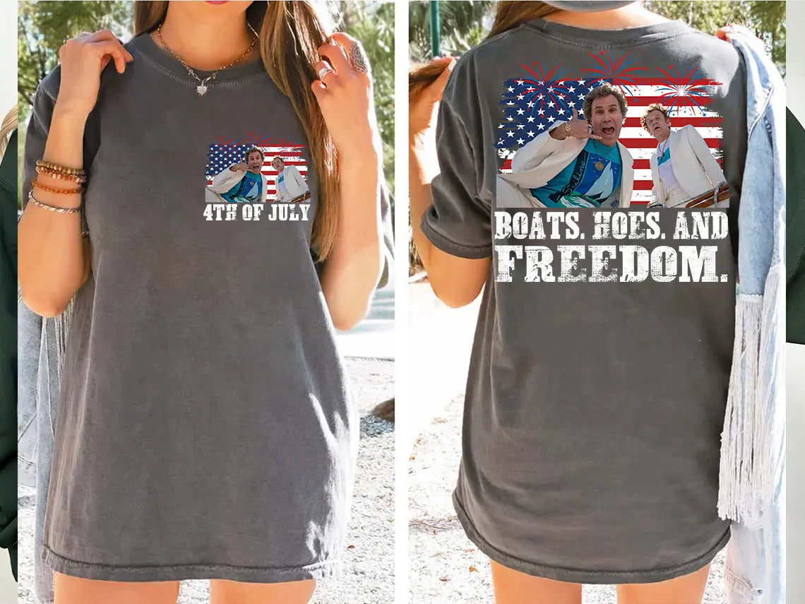 Comfort Colors "Boats Hoes & Freedom" Parody Shirt – Funny 4th of July Step Brothers Tee