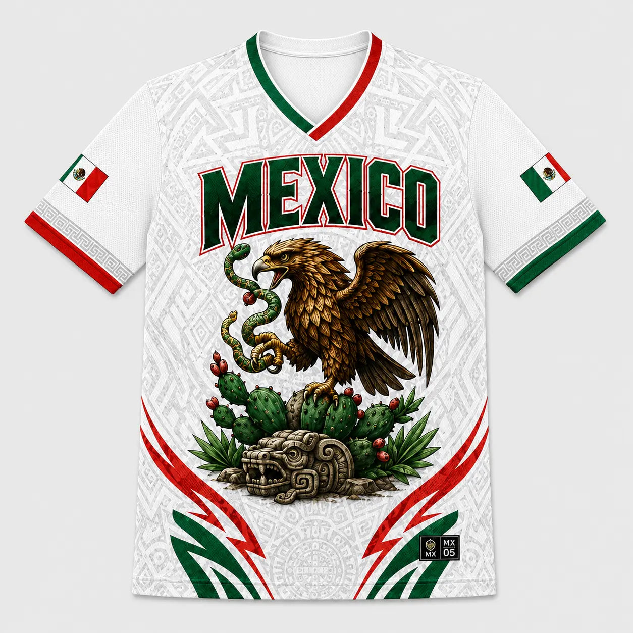 2026 Mexico Inspired V-Neck Soccer Jersey – Aztec Eagle, Serpent & Calendar Graphic Tee