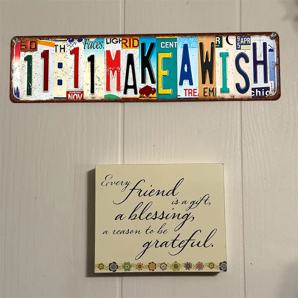 11:11 Make A Wish Weatherproof Metal Sign – License Plate Collage Vintage Wall Decor
