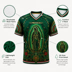 2026 Mexico Inspired Green V-Neck Soccer Jersey – Guadalupe & Aztec Art Graphic Fan Tee