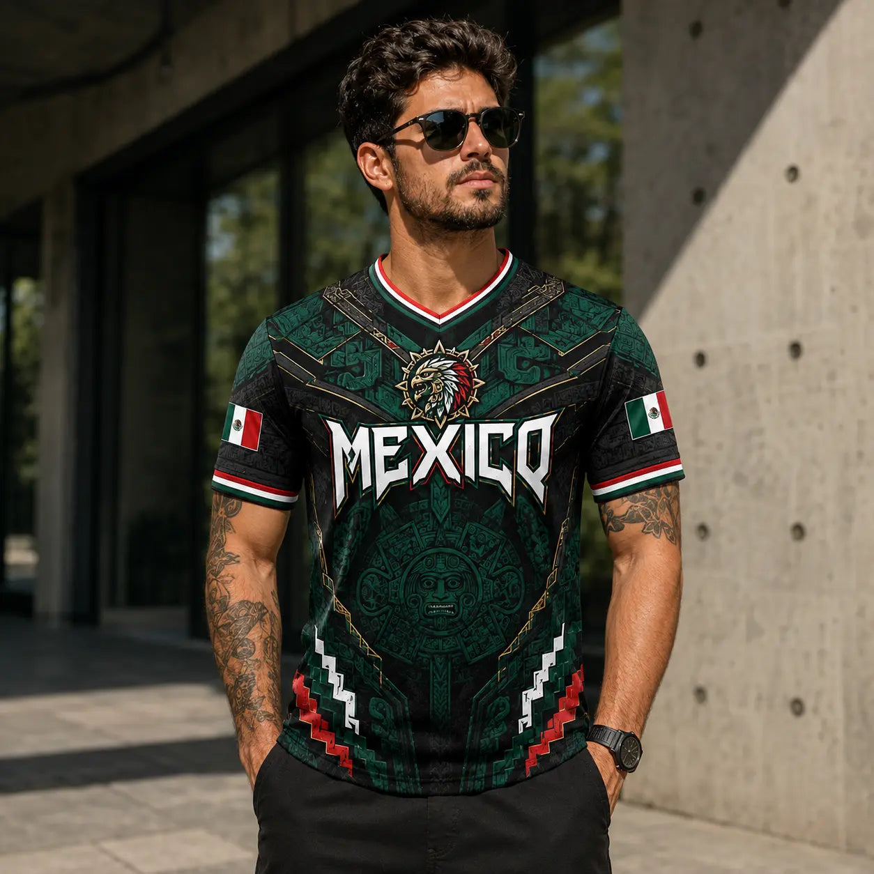 2026 Mexico Eagle Warrior V-Neck Soccer Jersey, Aztec Calendar Graphic Short Sleeve Fan Tee